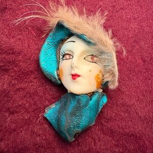 Vintage Porcelain Flapper Brooch with Teal Feather Hat